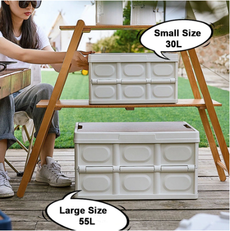 Folding Camping Storage Box Wooden Lid Outdoor Car Trunk Stackable