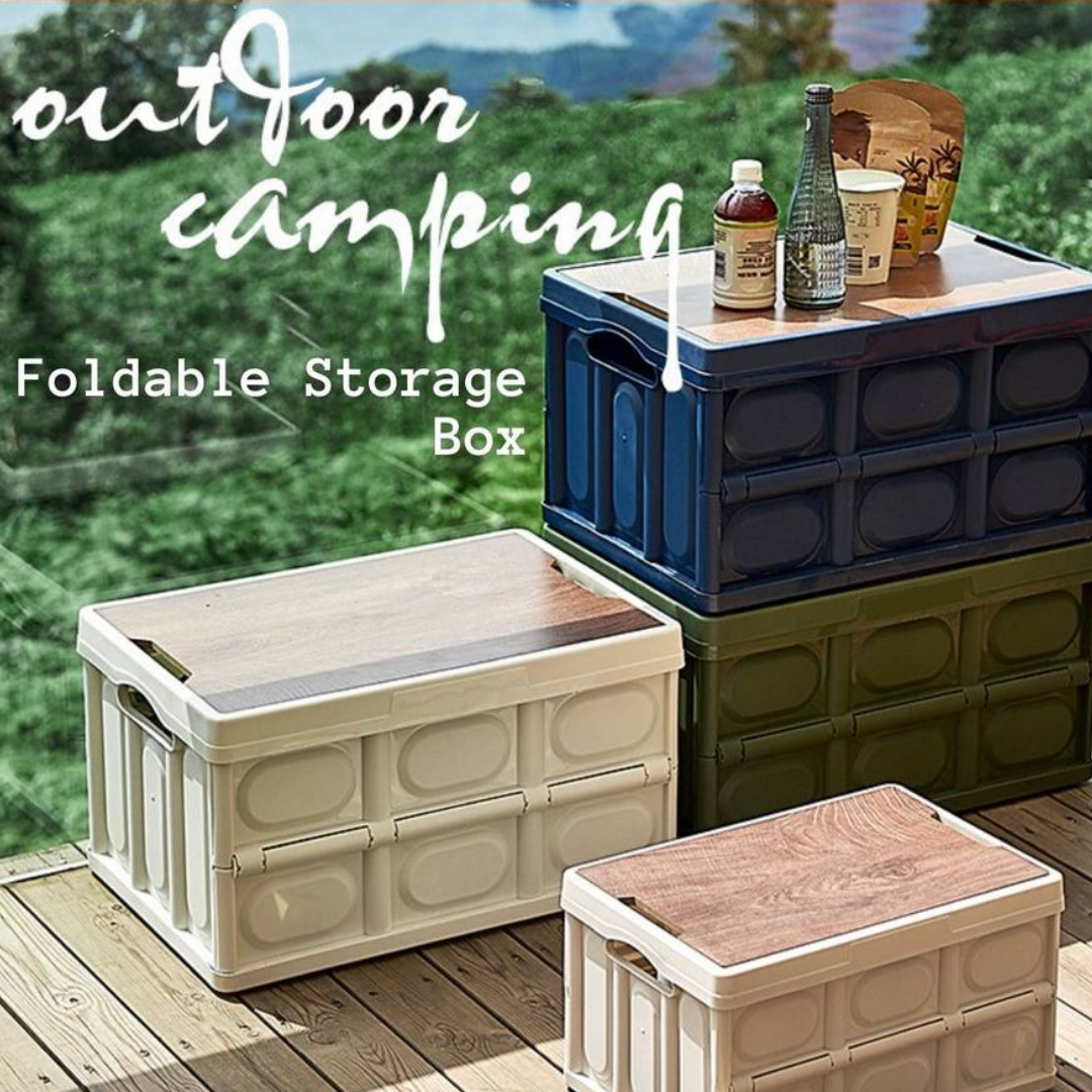 Folding Storage Box with Wooden Cover, Camping Box, Storage Box